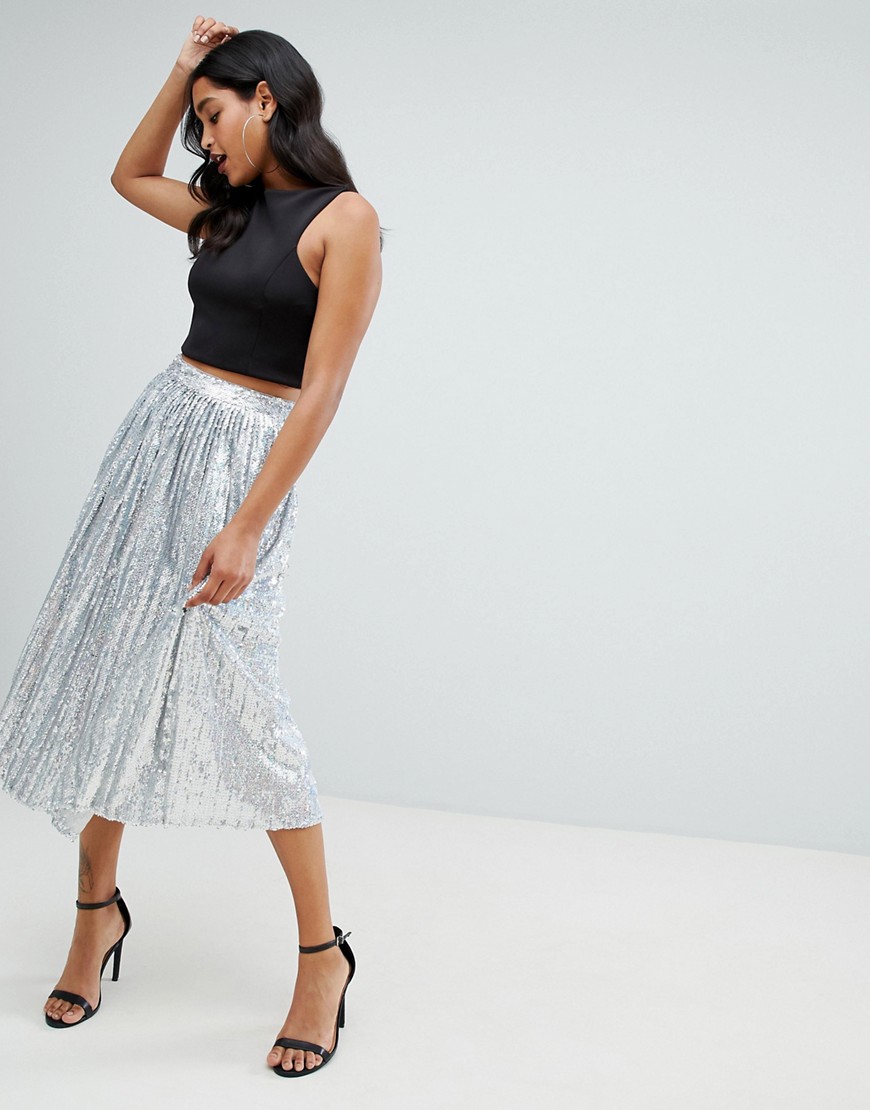TFNC sequin pleated midaxi skirt in silver - Silver iridescent