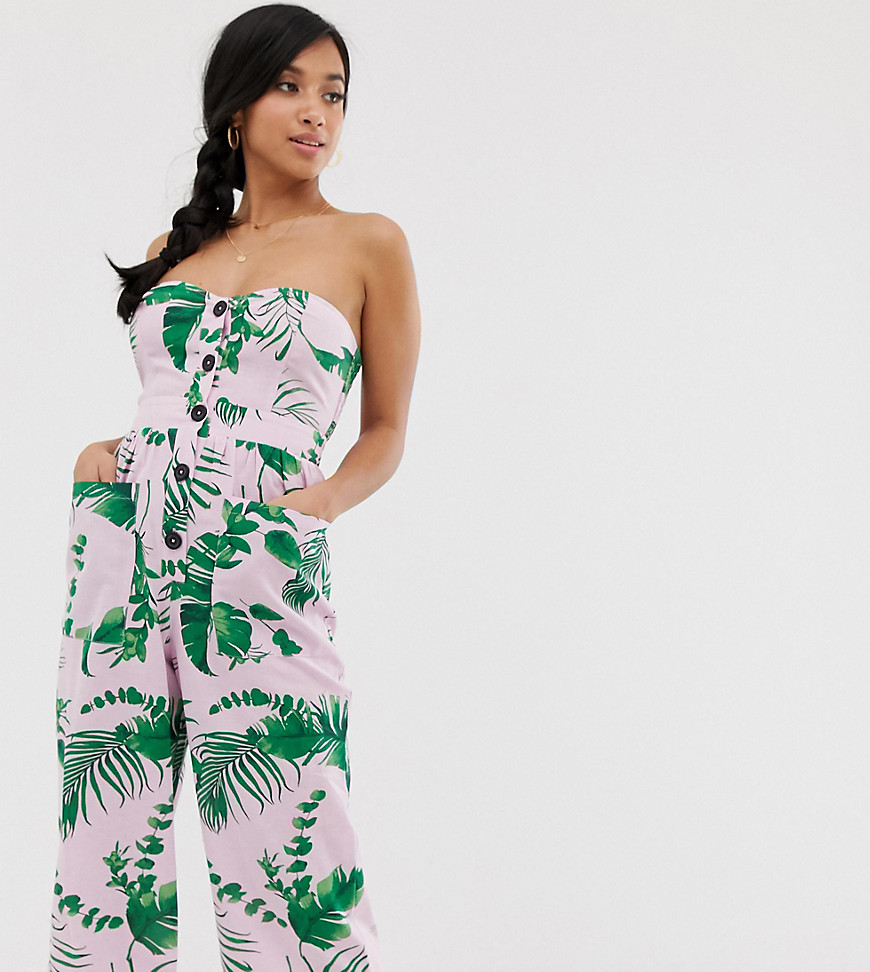ASOS DESIGN petite bandeau button front jumpsuit with pockets in tropical print