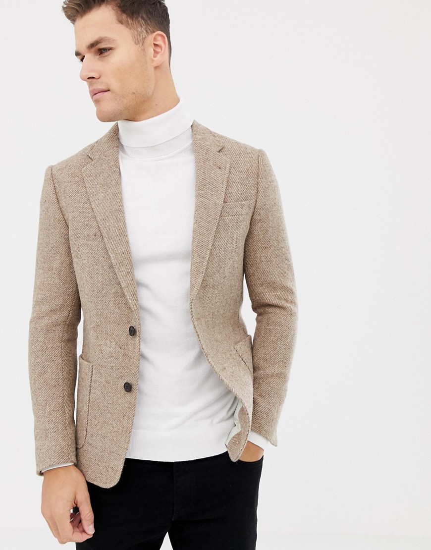 ASOS DESIGN slim blazer in 100% wool Harris Tweed in camel