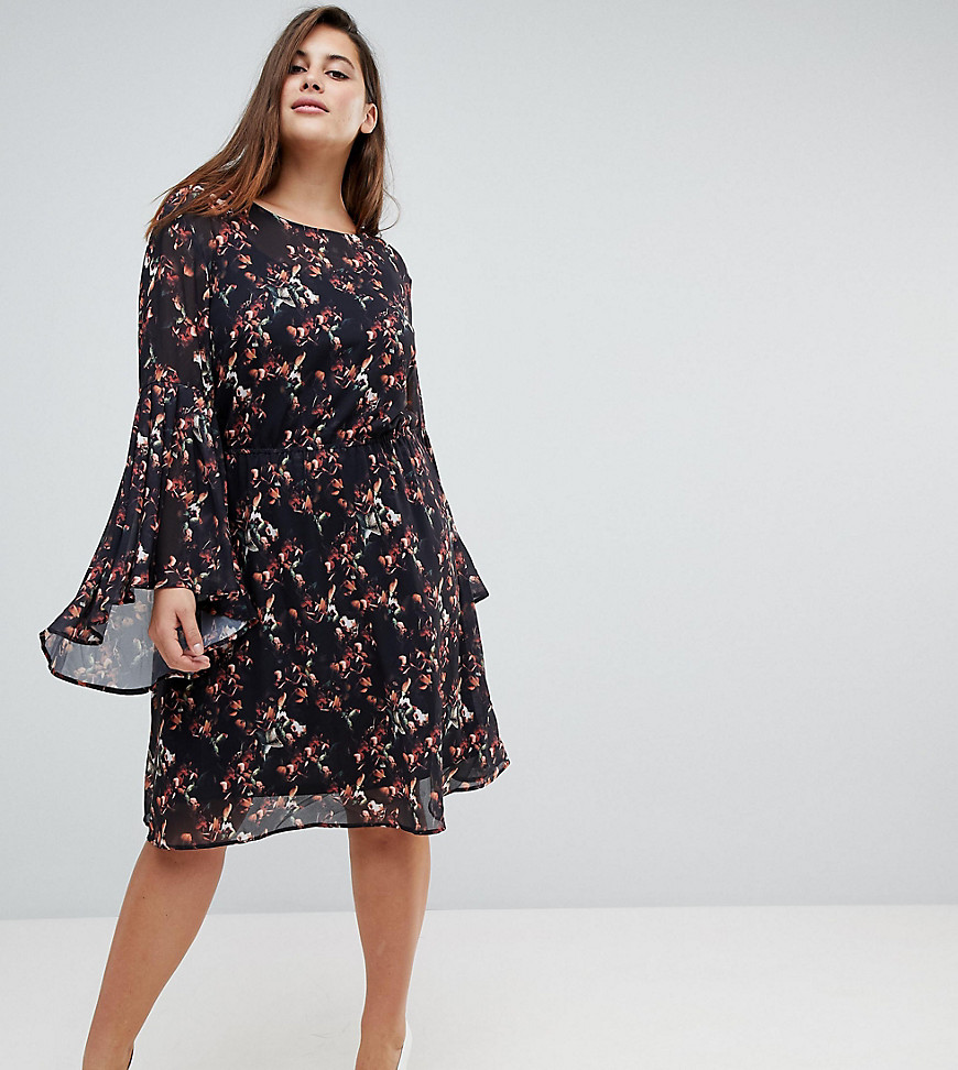 Unique 21 Hero Smock Dress With Frill Sleeve In Autumn Blossom Print - Black multi