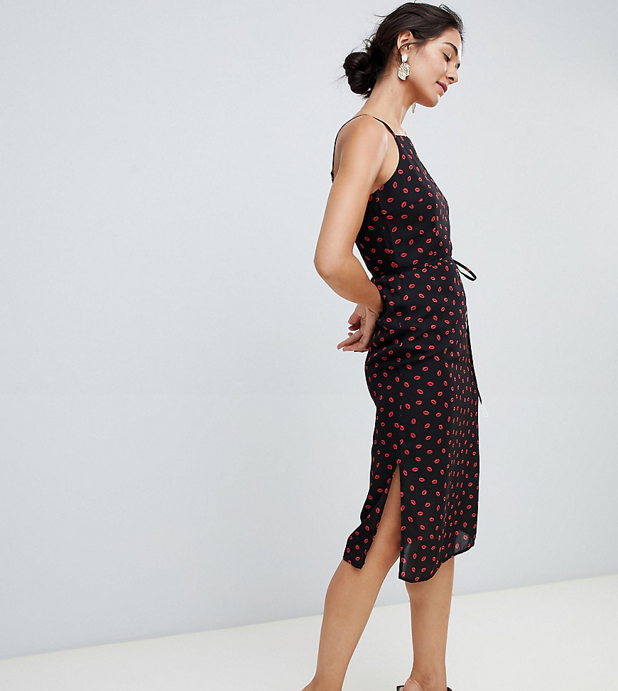 Oasis midi dress with square neck in lips print
