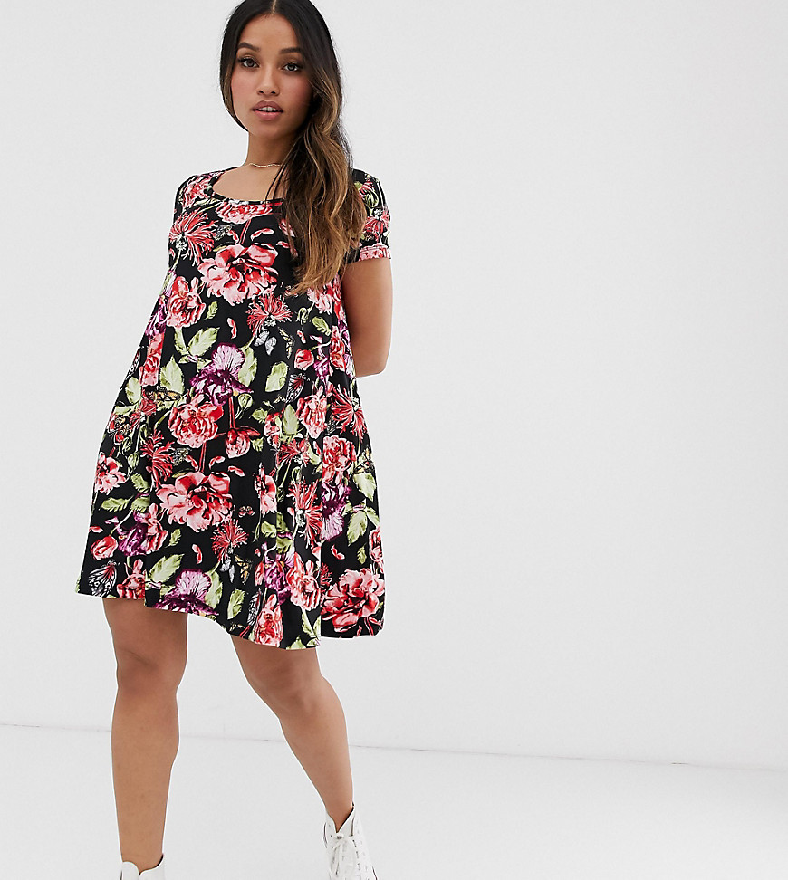 Brave Soul Petite Swing Dress with Keyhole Back in Dark Floral Print