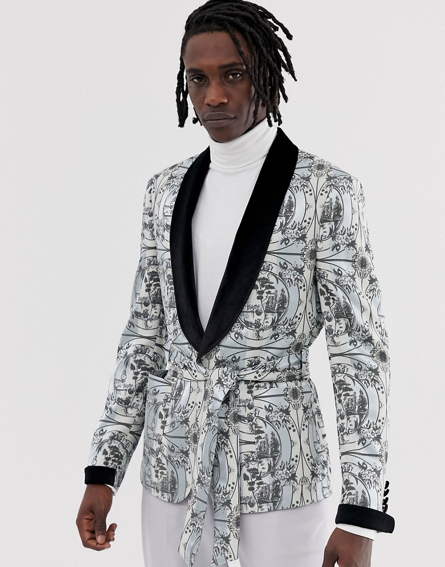 ASOS EDITION skinny blazer jacket with all over monochrome print and velvet collar