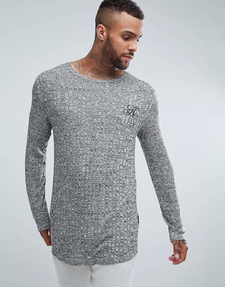 Ascend Long Sleeve Curved Hem Muscle Fit Top in Rib - Grey