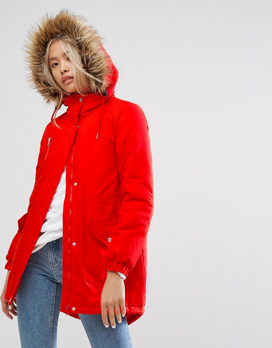 Noisy May Parka With Faux Fur Hood - Flame scarlet