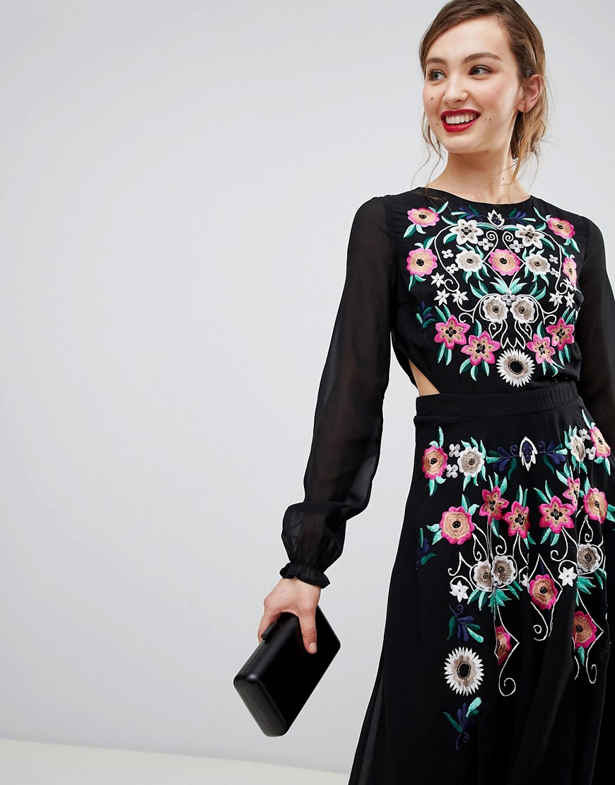 Frock & Frill Long Sleeve Embroidered Dress With Open Back - Black