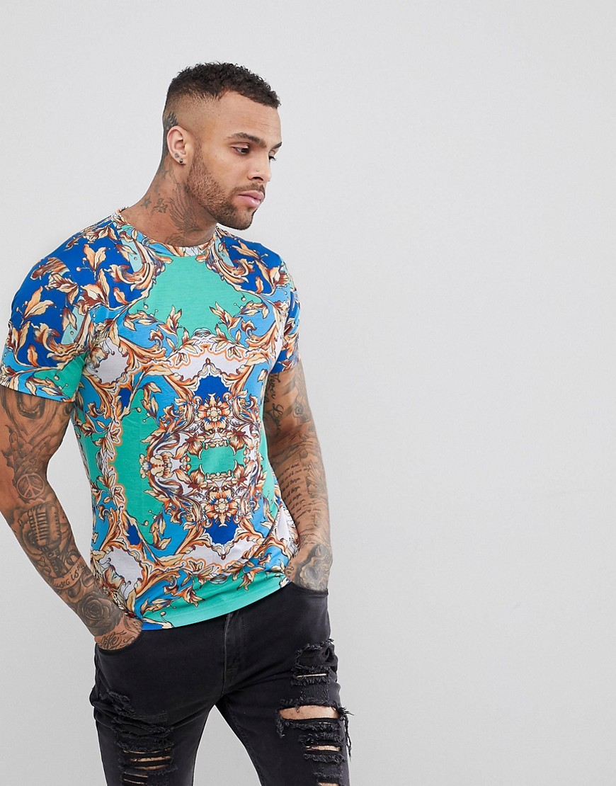 Jaded London T-Shirt In Blue With Baroque Print - Blue