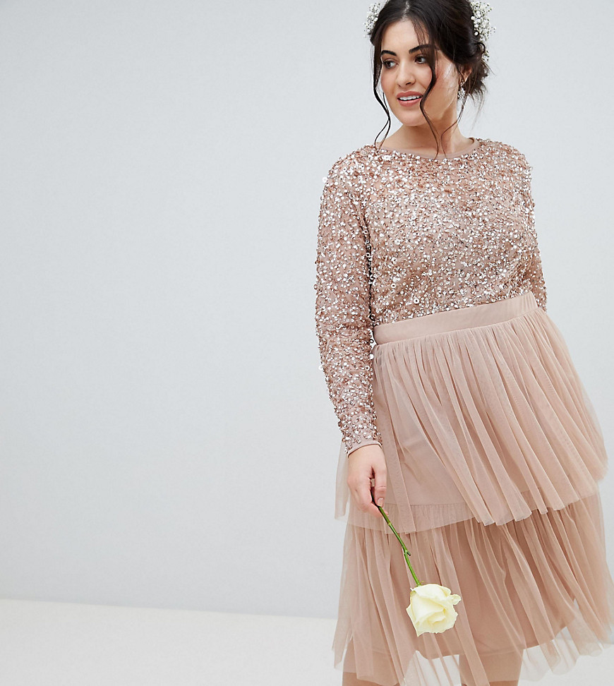 Maya Plus Bridesmaid Long Sleeve Sequin Top Midi Dress With Tiered Tulle Skirt