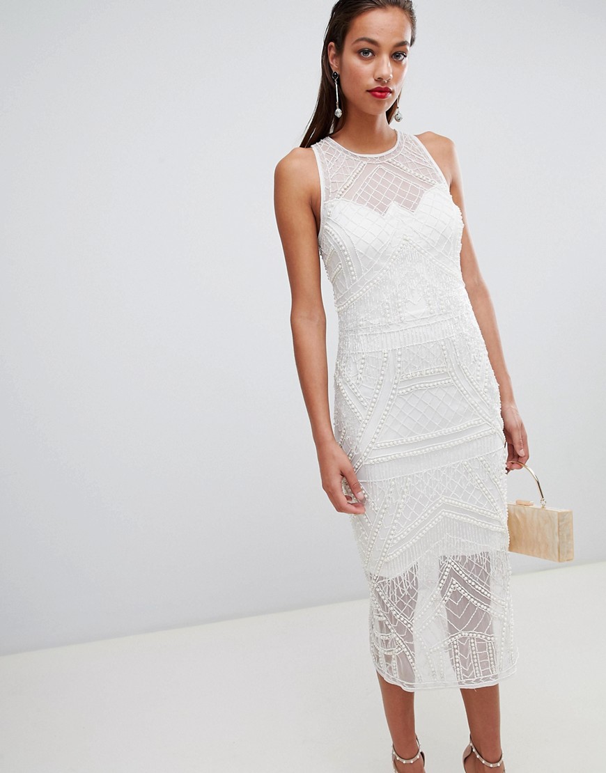 Asos Design Embellished Pearl Fringe Midi Dress-white