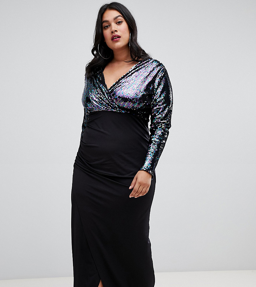 Outrageous Fortune Plus sequin plunge front maxi dress with wrap skirt in blue glitter contrast