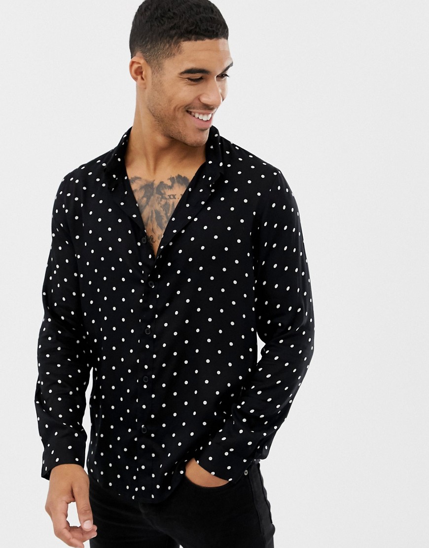 boohooMAN regular fit revere collar shirt with polka dot in black
