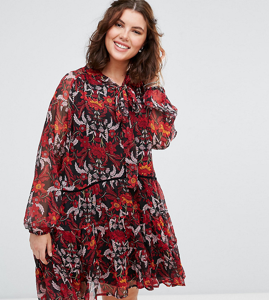 Alice & You Long Sleeve Floral Smock Dress With Tie Neck - Multi
