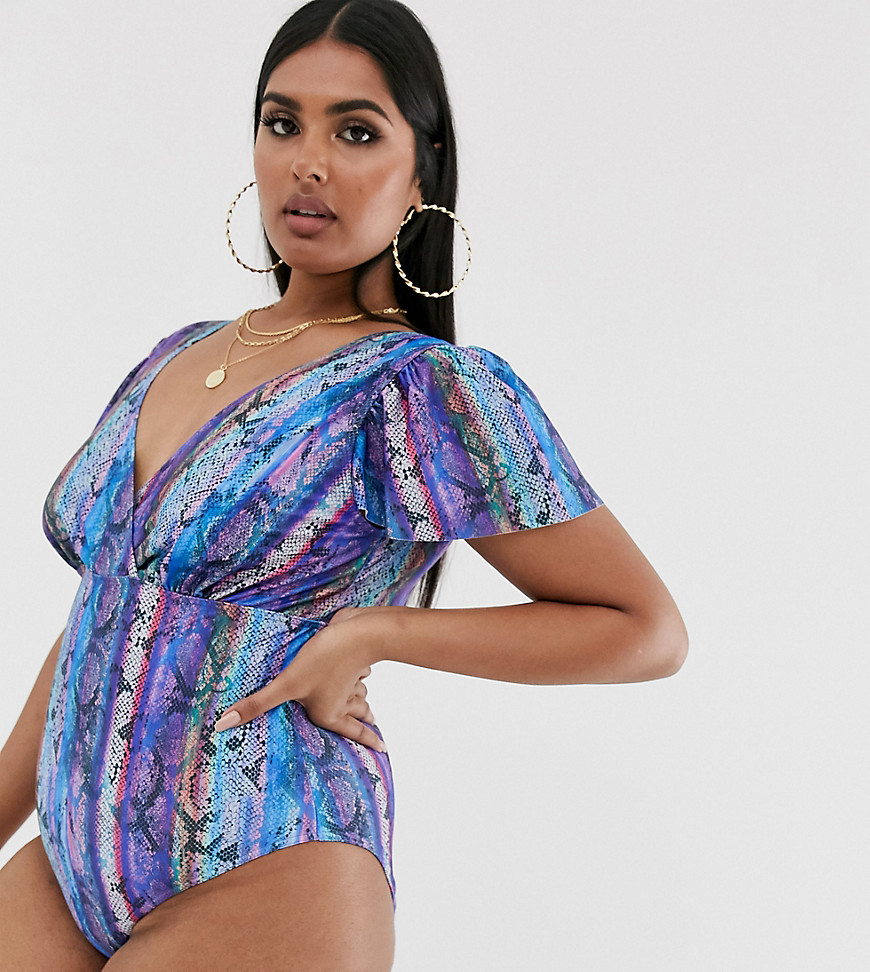 ASOS DESIGN curve flutter sleeve supportive swimsuit in pastel neon snake print