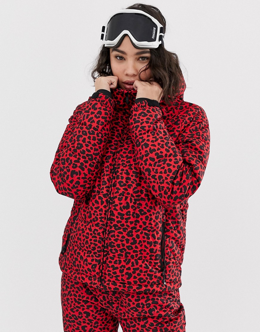 Protest Revet puffer ski jacket in red cheetah print
