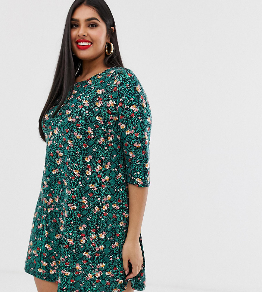 Simply Be swing dress in green snake print with floral