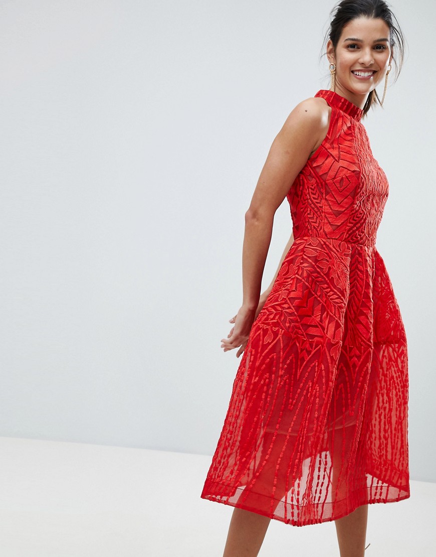 Bronx and Banco Full Embroidered Halter Dress - Red