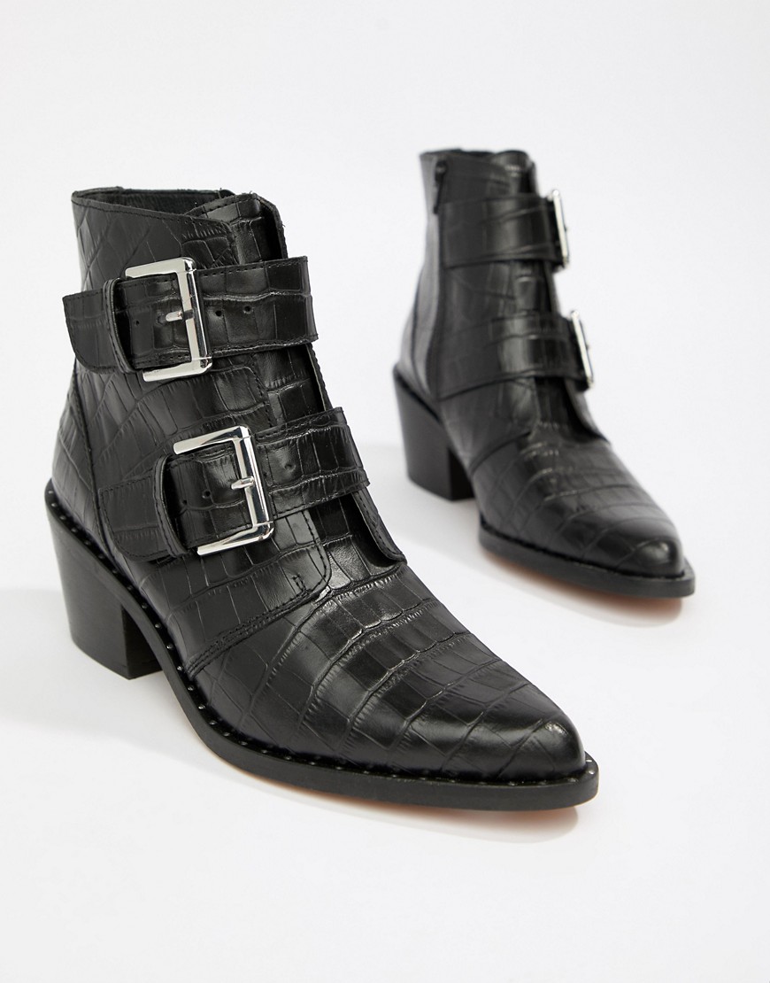 Kurt Geiger Denny black croc effect black ankle boots with buckle detail