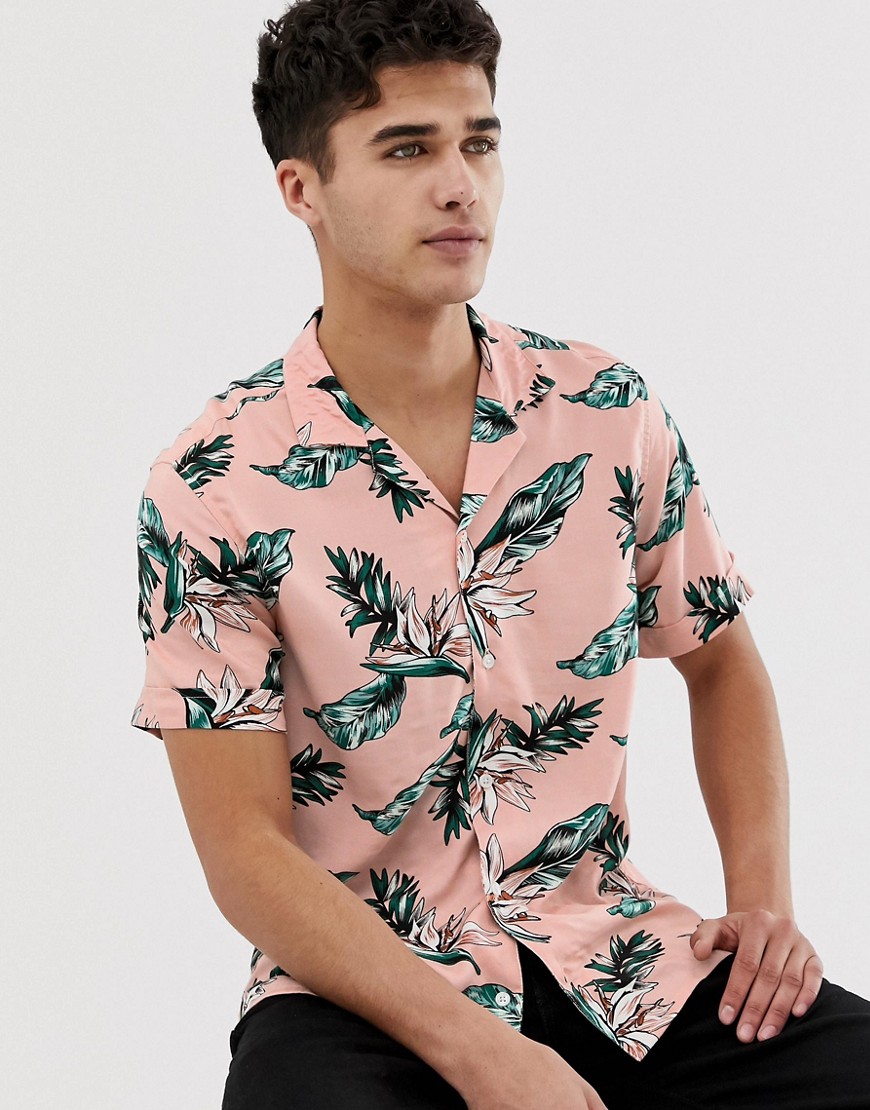 Burton Menswear shirt with birds print in pink