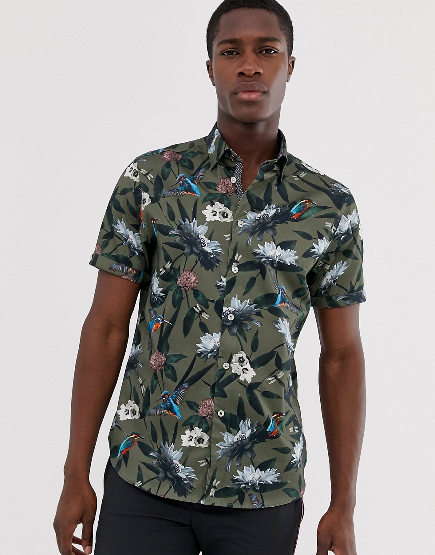 Ted Baker short sleeve shirt in khaki with kingfisher print