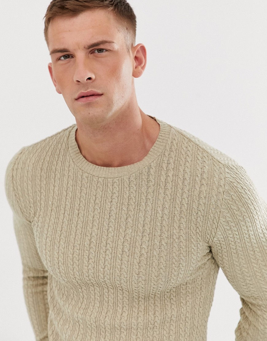 ASOS DESIGN muscle fit lightweight cable jumper in oatmeal