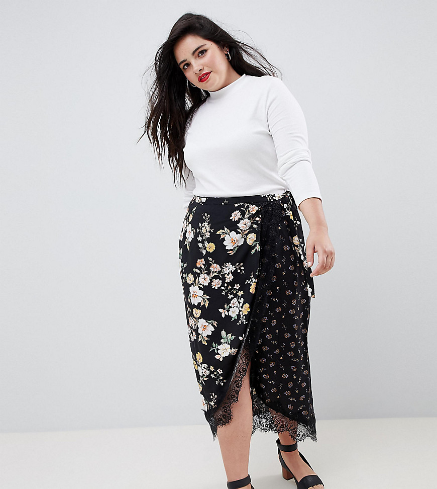 ASOS DESIGN Curve mixed ditsy floral wrap midi skirt with lace trim