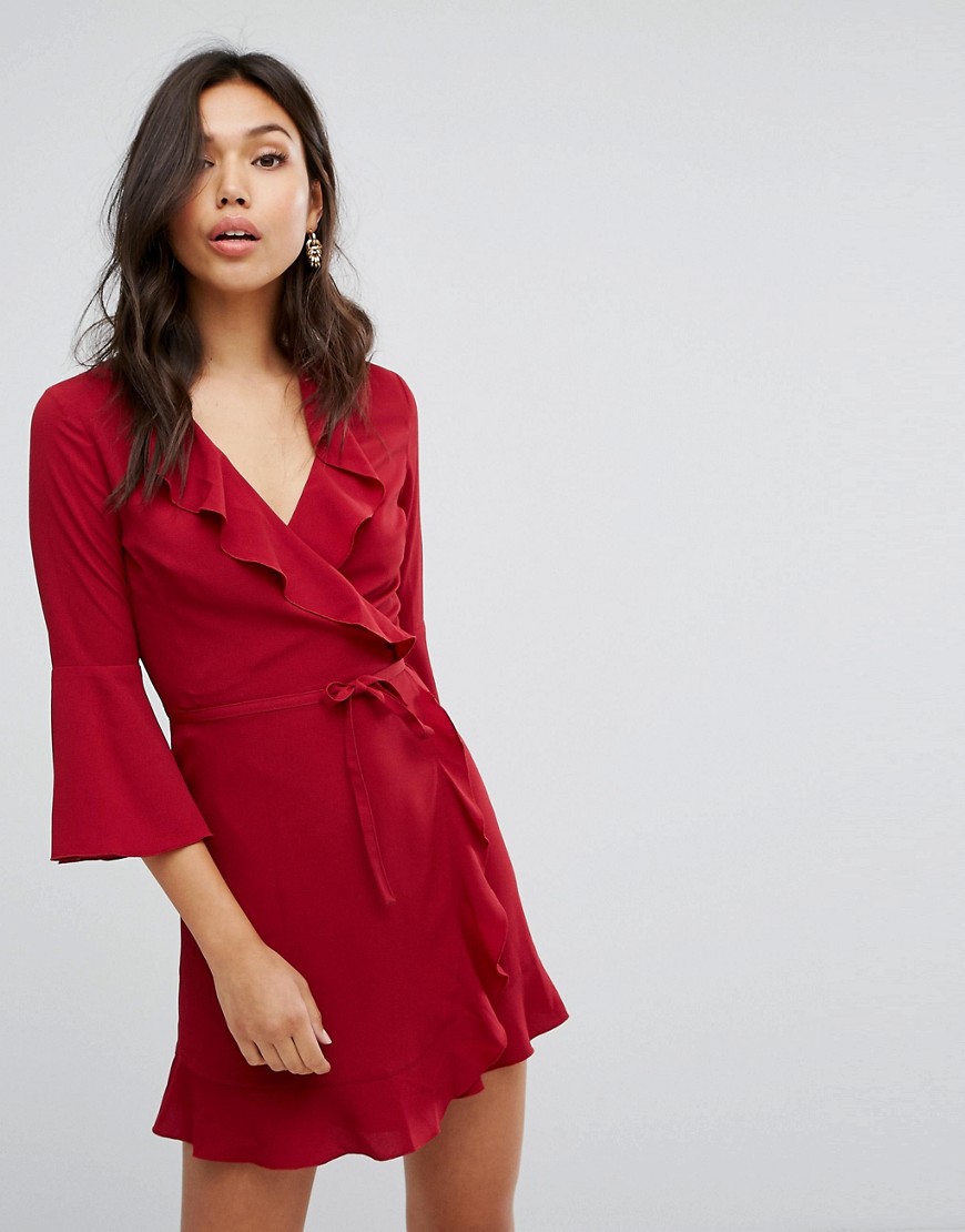 Outrageous Fortune Ruffle Wrap Dress With Fluted Sleeve - Berry