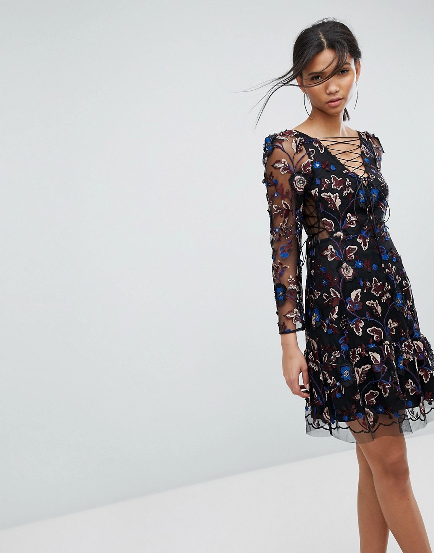 Tresophie Allover Embroidery Tie Up Dress - Black pattern