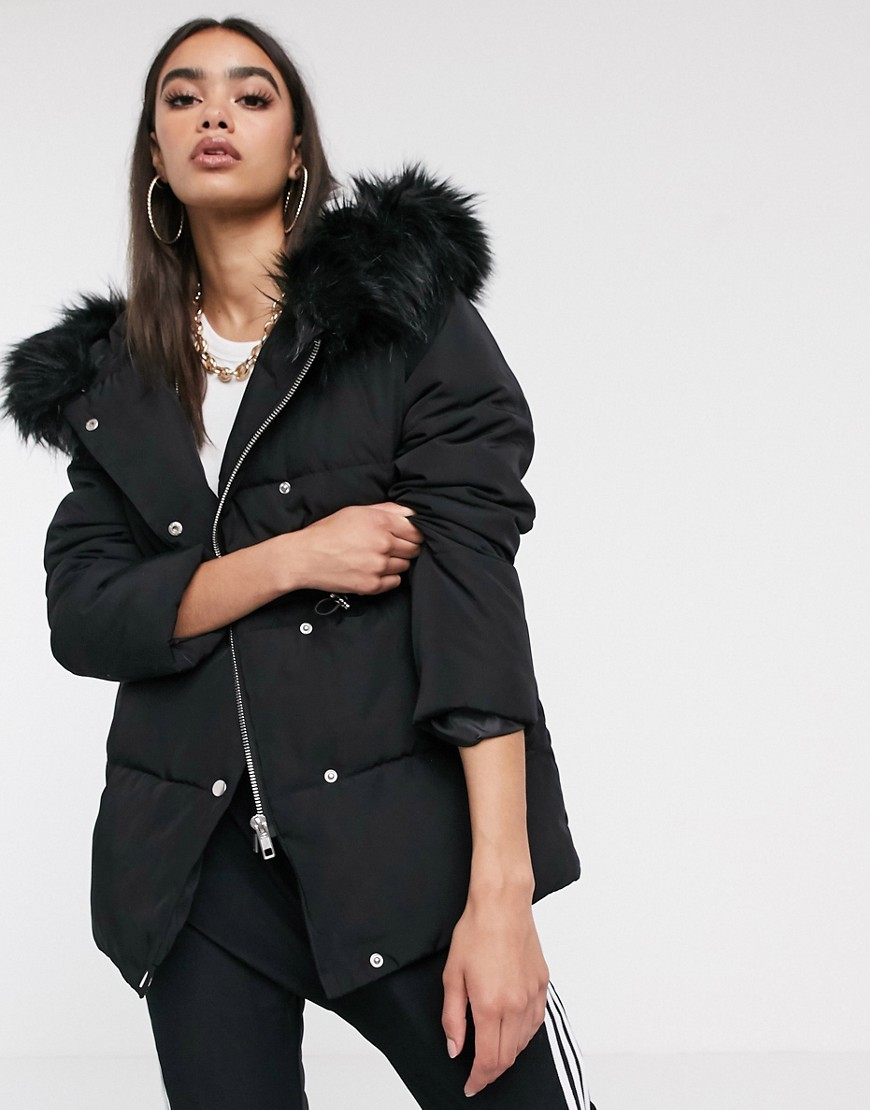 Asos Design Tie Waist Puffer Jacket With Faux Fur Hood In Black | ModeSens