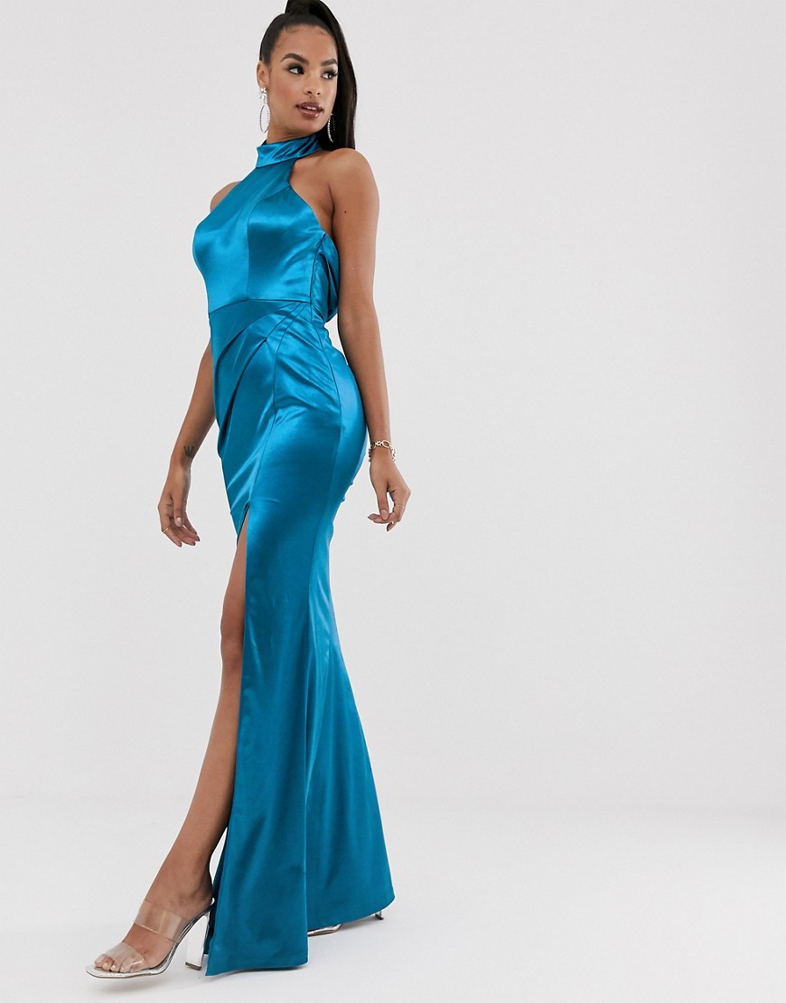 Bariano Halter Neck Liquid Draped Gown In Teal-blues