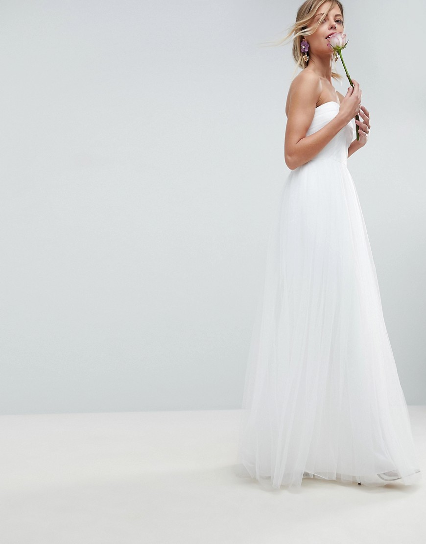 ASOS EDITION Wedding Pintuck Bodice Bandeau Maxi Dress With Tulle Skirt and Detachable Straps - White
