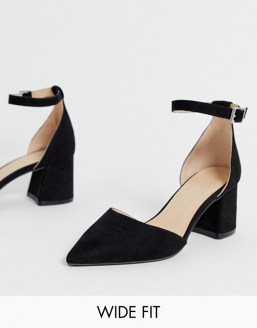 Simply Be wide fit Estee pointed block heel shoe with ankle strap in black