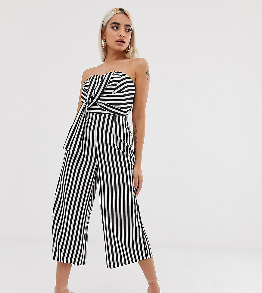 Boohoo Petite exclusive bandeau culotte jumpsuit in mono stripe with bow detail