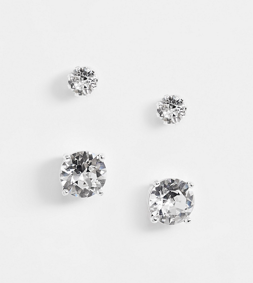 Asos Design 2-pack Stud Earrings Set With Crystal In Silver Tone