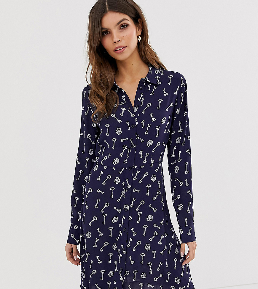 Warehouse swing dress with key print in navy