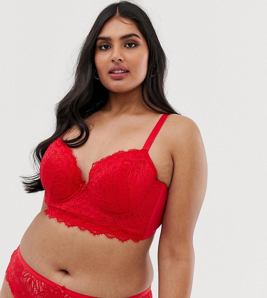 New Look Curve layered lace longline bra in bright red