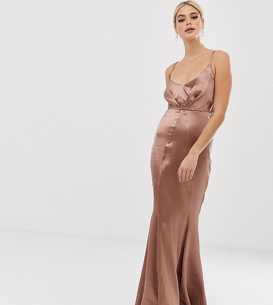 ASOS DESIGN Tall maxi dress with pleat front in high shine satin with fishtail hem