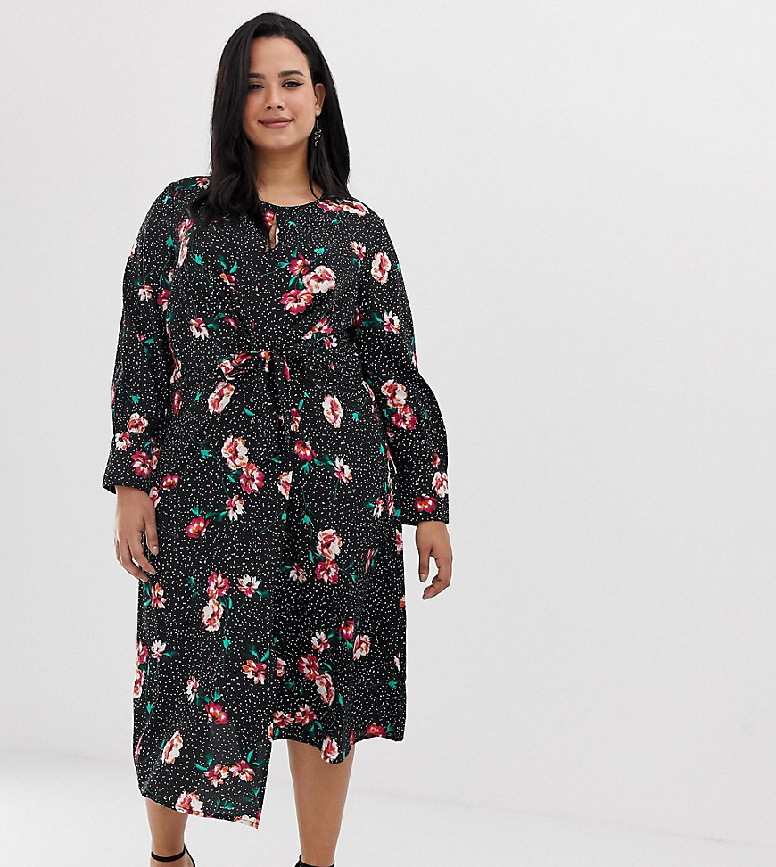 Influence Plus knot front asymmetric wrap dress in floral and polka dot print