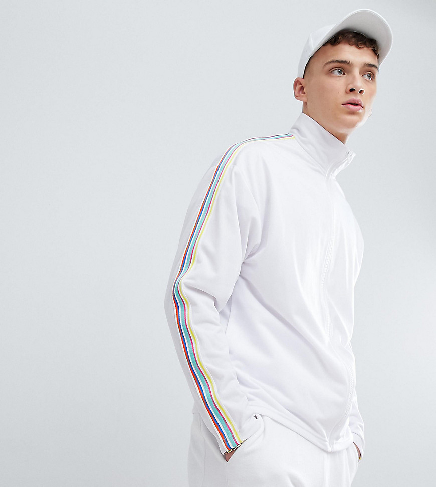 Reclaimed Vintage inspired festival track jacket with rainbow tape in white