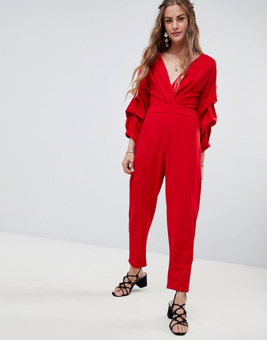 Love & Other Things Ruched Sleeve Jumpsuit - Red