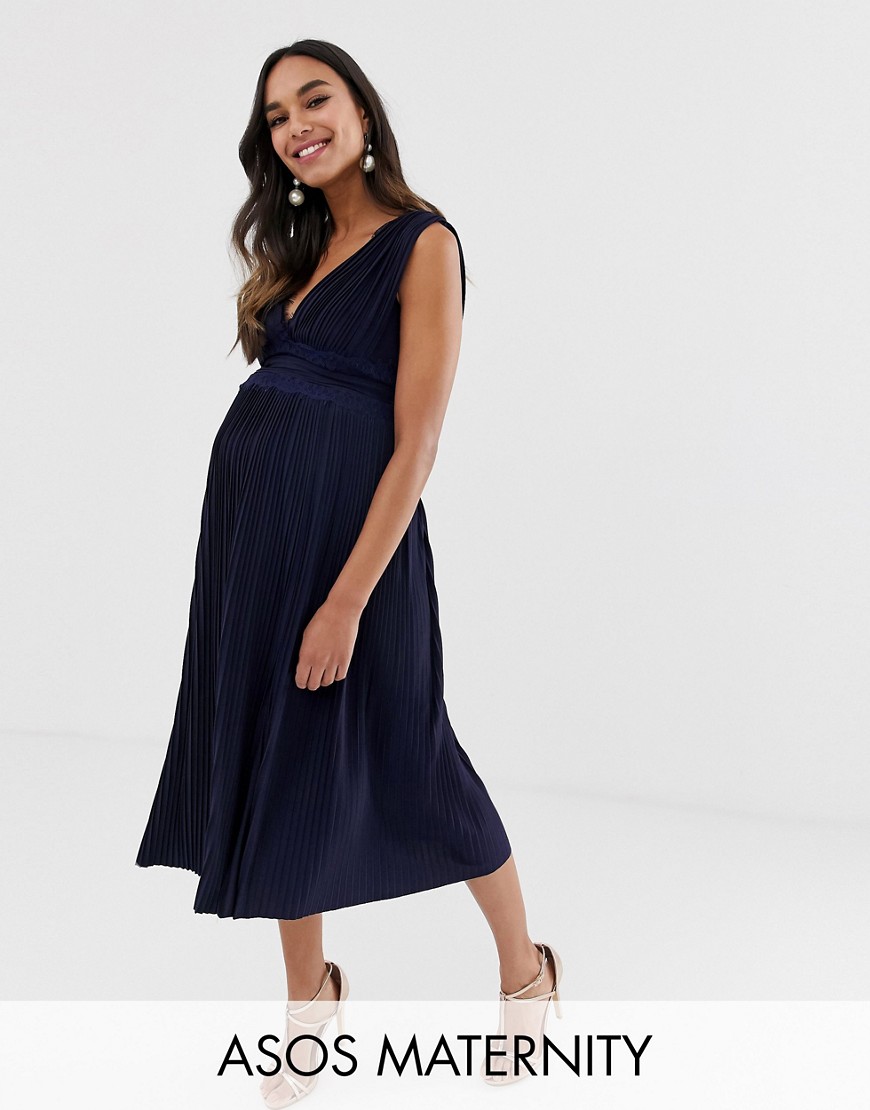 ASOS DESIGN Maternity Premium Lace Insert Pleated Midi Dress