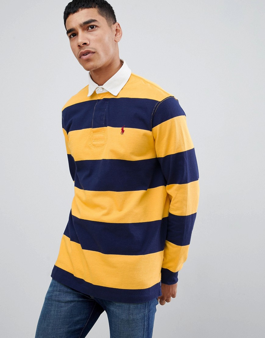 Polo Ralph Lauren long sleeve stripe rugby polo player logo in yellow/navy