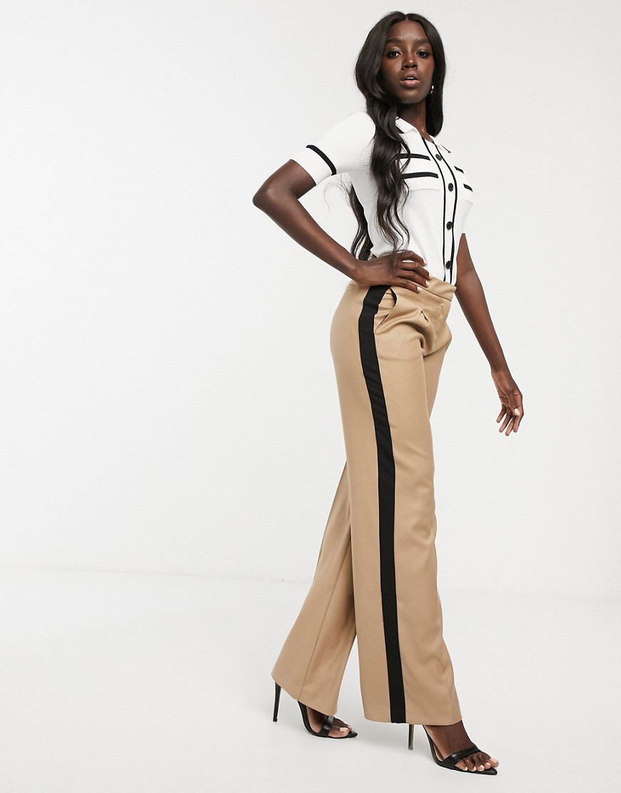 Morgan contrast side stripe tailored trouser with front pleat detail in camel