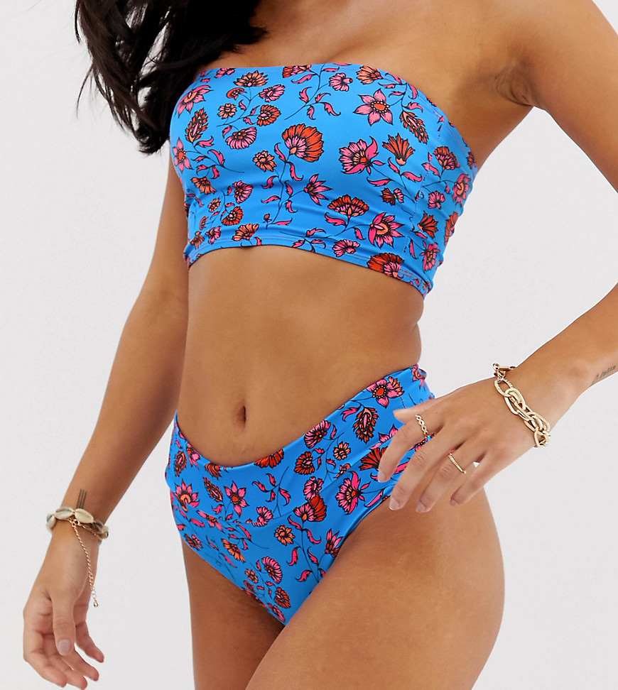 Kulani Kinis Exclusive reversible high waist cheeky bikini bottom in bright blue and red floral print