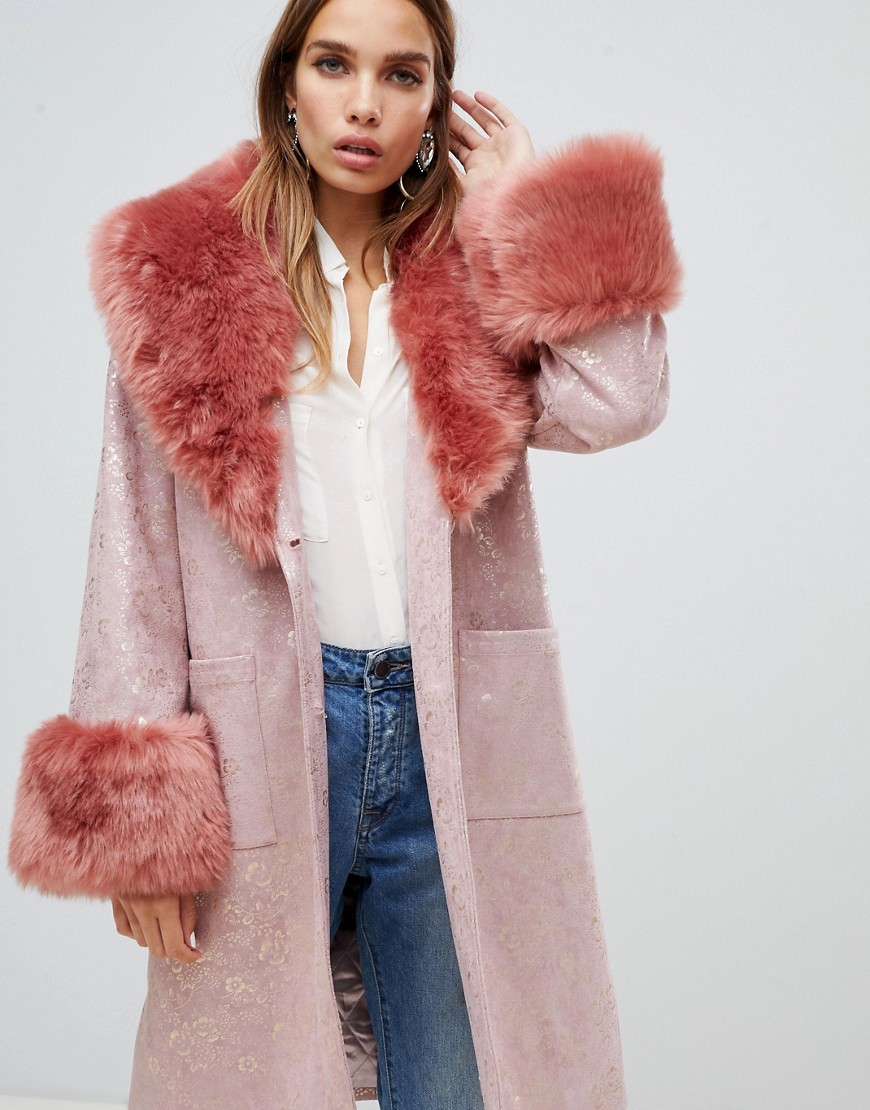 Dolly & Delicious oversized floral metallic coat with faux fur trims in pink