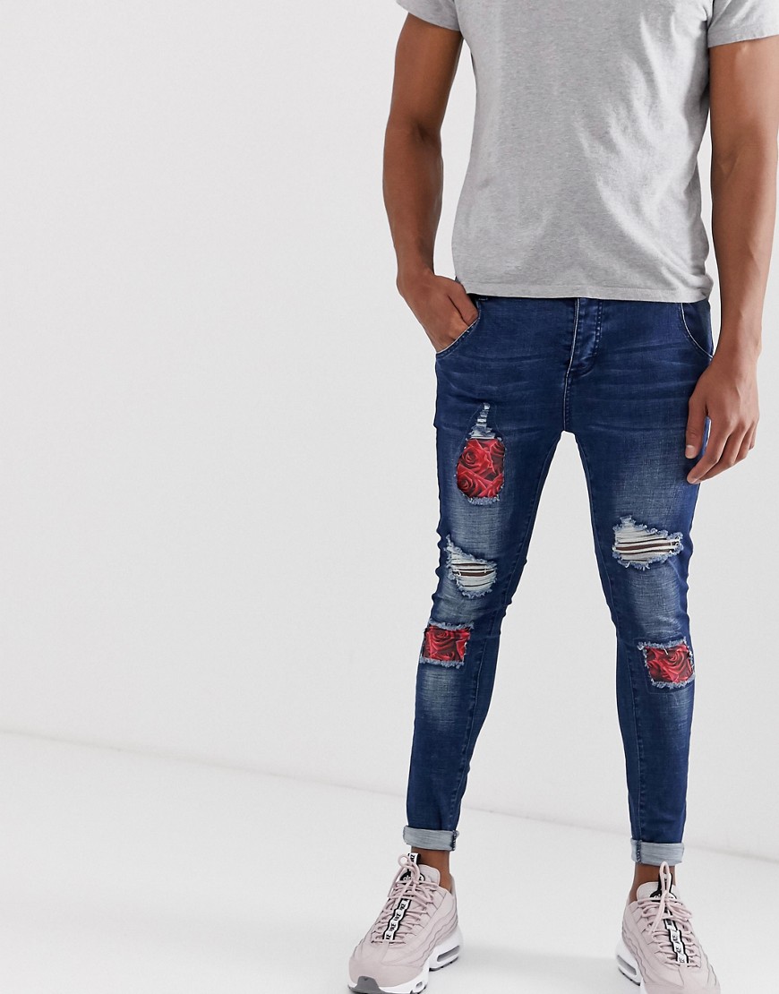 SikSilk distressed jeans with floral patch in dark blue