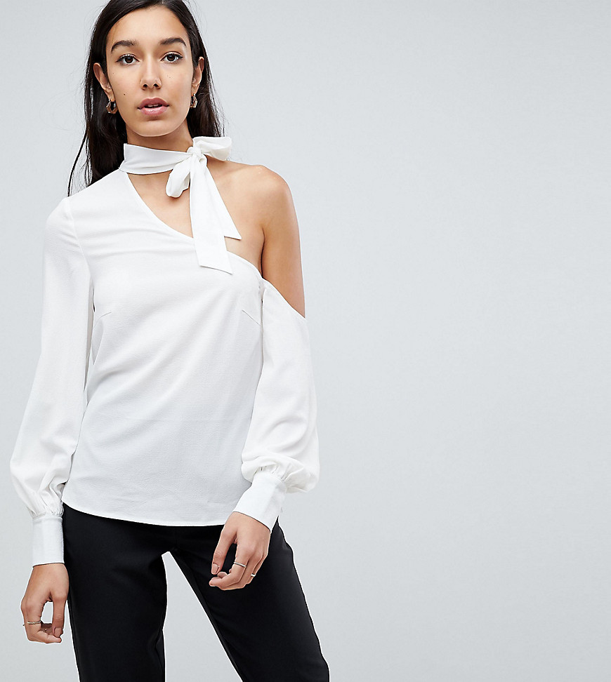 Fashion Union Tall Cold Shoulder Blouse With Tie Neck Detail - White
