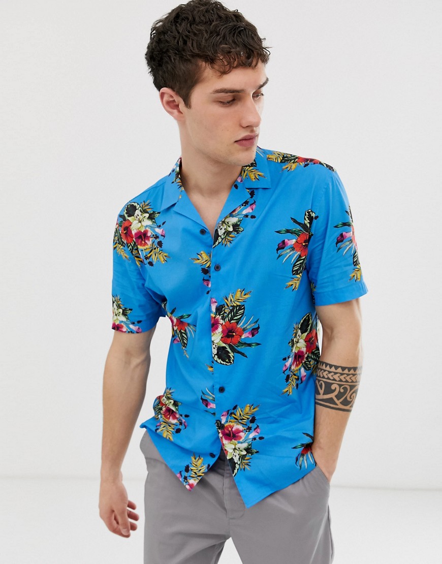 Moss London skinny fit shirt with bright floral print in blue