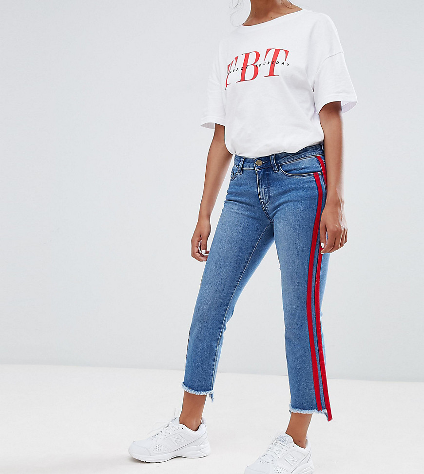 Only Petite straight leg crop jean with sports stripe in blue