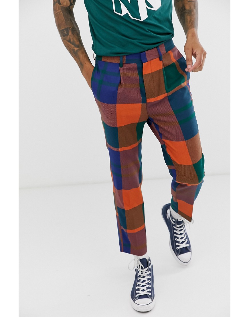 ASOS DESIGN tapered crop smart trousers in oversized check in blue