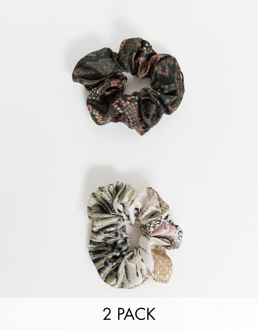 ASOS DESIGN pack of 2 scrunchies in mixed snake prints
